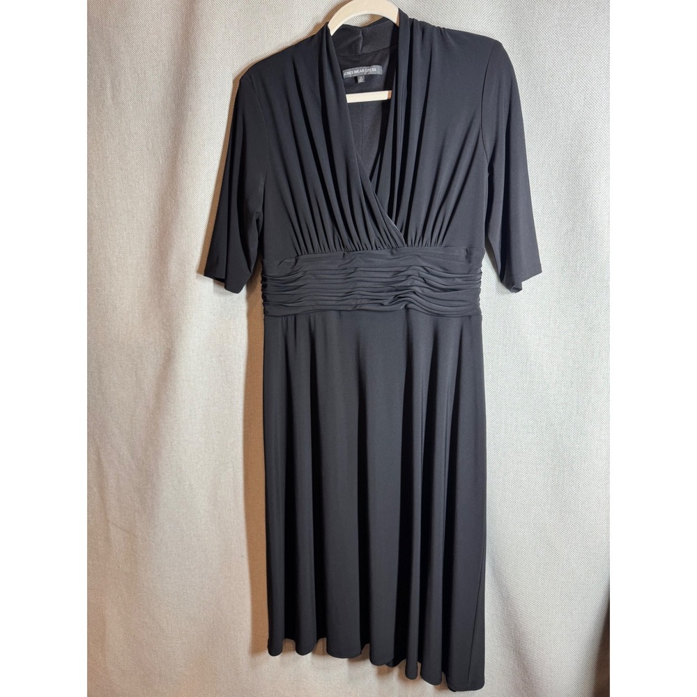 Jones Wear Dress Black Surplice Pleated Ruched Waist Midi Dress Size 14